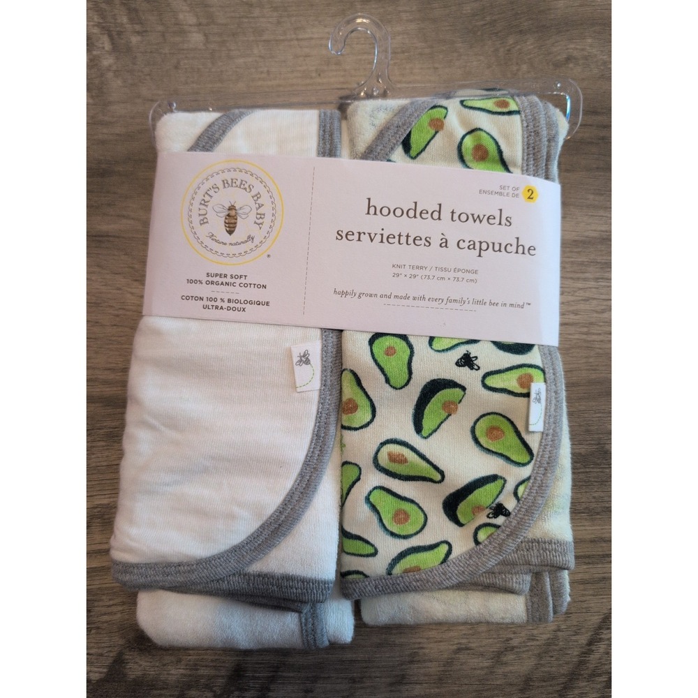 Burt's Bees Baby Set Of 2 Hooded Towel Set Avocados Organic Cotton Green NIP